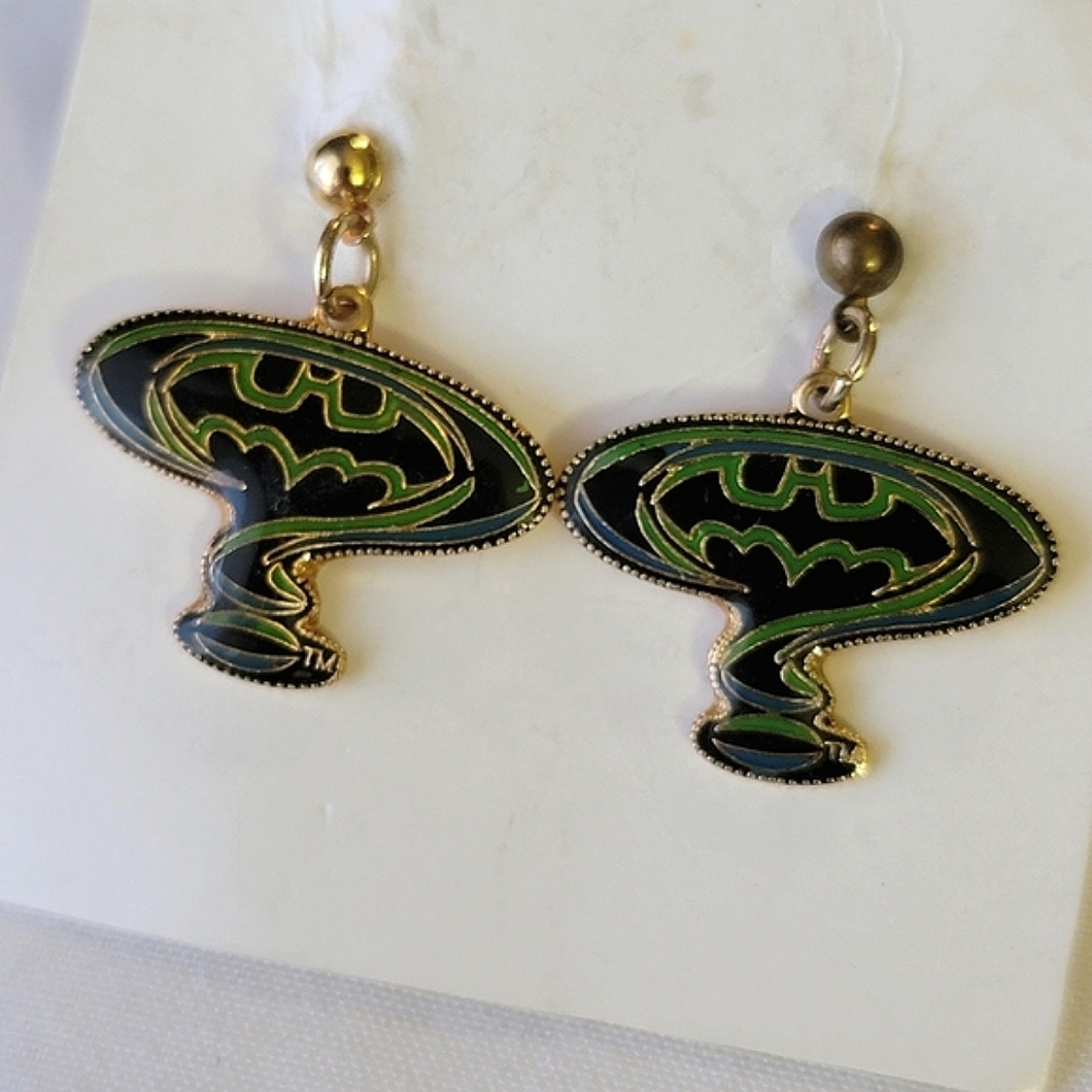 Vintage 1994 DC Comics Batman Forever Riddler Logo Enamel Earrings